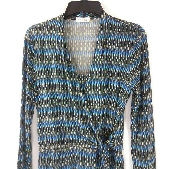CALVIN KLIEN Women's Faux Wrap Sz 4 Blue Long Sleeve Geo Print Midi Dress - Picture 6 of 15